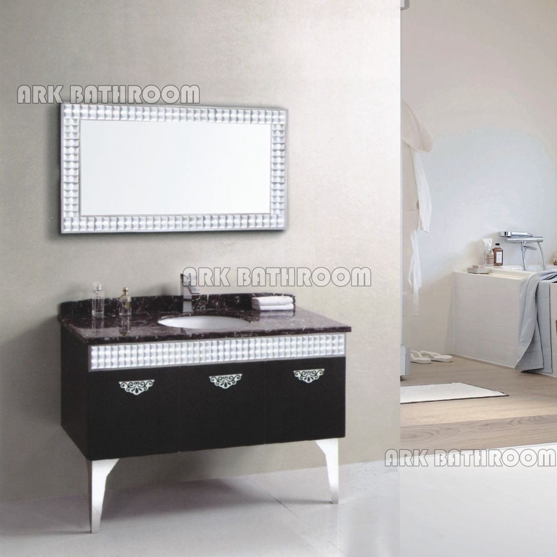 Tocadores de baño de acero inoxidable Hangzhou, gabinete de lavabo de baño con piso de pierna superior de mármol RSL8875-120