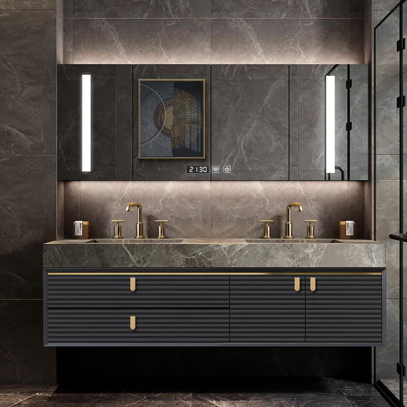 Sintered stone Led mirror cabinet bathroom vanity wash basin intelligent furniture W20259